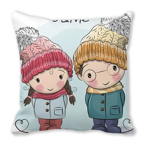 Close-up of peach skin fabric pillowcase with customizable winter cartoon characters