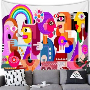 Detailed view of colorful pop art tapestry with abstract figures on a white wall