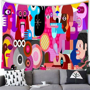 Detailed texture of vibrant abstract pop art wall tapestry hanging above a modern sofa