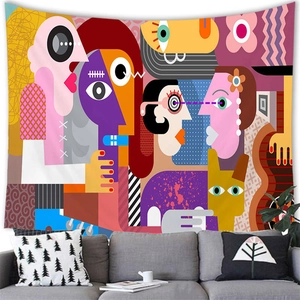 Abstract line art tapestry detail with bold geometric faces in vibrant colors