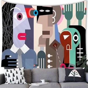 Detail of abstract face wall tapestry featuring geometric patterns and artistic lines