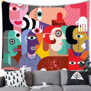 Abstract line art portrait tapestry with colorful pop art faces for living room decor