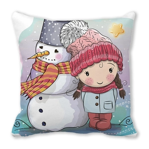Close-up of winter owl pillowcase featuring a snowman and little girl cartoon illustration