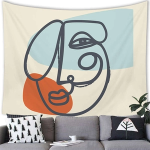 Abstract face line art tapestry with geometric shapes for modern home wall decor