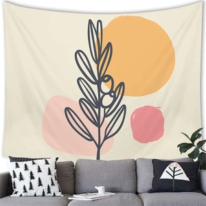 Detail of abstract botanical line art tapestry with warm geometric shapes on white wall