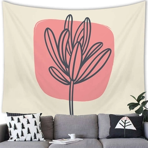 Detail showing high-quality brushed fabric texture and abstract floral line art on wall tapestry