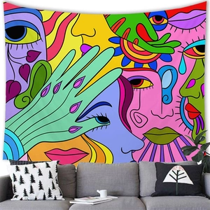 Colorful surrealist abstract line art tapestry hanging on white wall over modern sofa