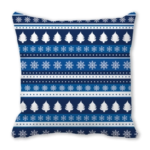 Detailed view of Christmas pillowcase featuring blue snowflake and pine tree patterns