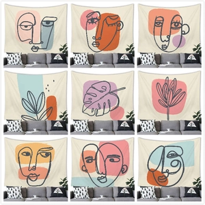 Modern Abstract Line Art Tapestry Minimalist Woman Face Plant Leaves Wall Hanging Polyester Fabric Decorative Cloth For Living Room Bedroom Home Decor