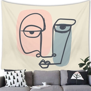 Abstract minimalist line art woman face tapestry on beige fabric for wall decoration