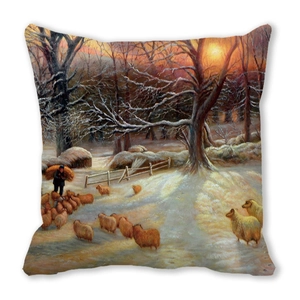 Artistic oil painting of a winter farm landscape with sheep on a square pillow cover