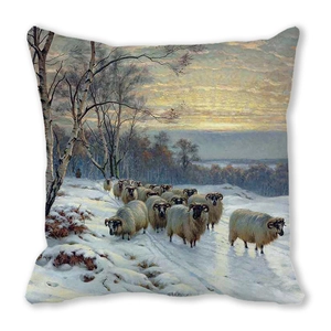 Close-up of soft peach skin cushion featuring oil painting style sheep in a snowy forest