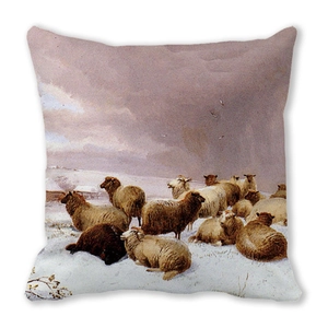 Detailed close-up of winter landscape sheep painting on peach skin throw pillow