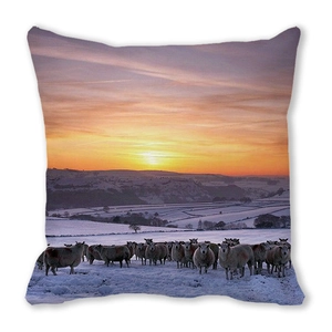 Detail of Christmas peach skin cushion showing a snowy mountain sunset landscape print