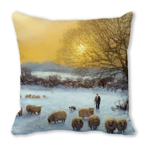 Macro detail of Christmas peach skin cushion with winter sheep oil painting print