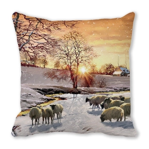 Christmas cushion cover with artistic oil painting of winter sheep landscape and sunset
