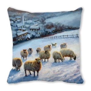 Macro detail of oil painting style pillow cover with winter sheep and snow scene