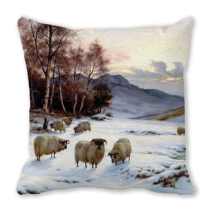 Close-up of peach skin cushion cover featuring a winter oil painting of sheep in snow