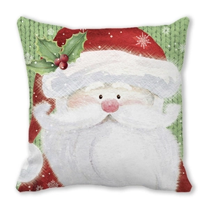 Detailed close-up of square Christmas pillowcase with cartoon Santa Claus and green knit pattern
