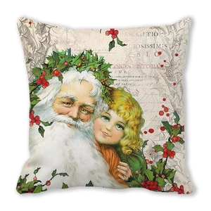 Close-up of Santa Claus and girl print on linen peach skin Christmas cushion cover