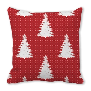 Close-up of red Christmas pillowcase with white polka dots and Christmas tree pattern