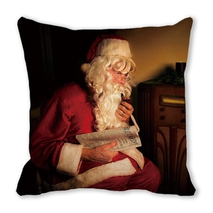Detailed retro Santa Claus illustration on a peach skin fabric sofa cushion cover