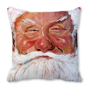 Close-up of Santa Claus oil painting texture on square peach skin cushion cover