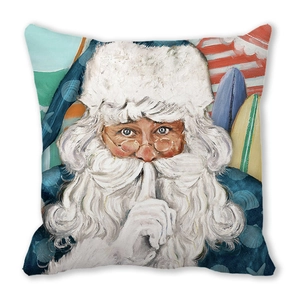 Blue Santa Claus surfing pillow case in square shape with peach skin fabric texture