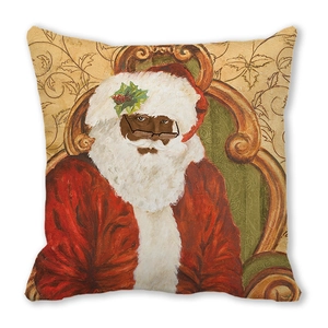 Close-up of decorative pillow cover with Black Santa Claus illustration and soft texture