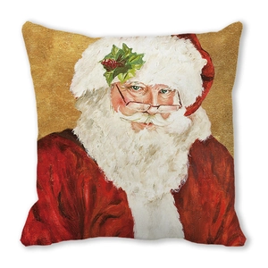 Detail of vintage Santa Claus printed cushion cover made of peach skin fabric texture