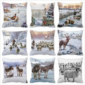 Christmas Peach Skin Cushion Cover Vintage Oil Painting Winter Snow Scene Animal Square Decorative Pillowcase For Sofa Home Decor