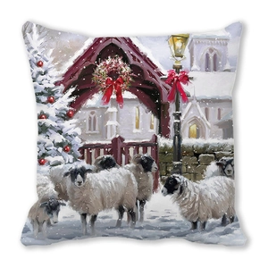 Merry Christmas peach skin square pillowcase featuring sheep and snowy winter oil painting