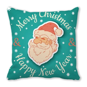 Detail of Christmas pillow featuring retro Santa Claus on teal snow background