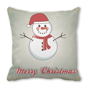 Detail of soft peach skin cushion cover featuring cartoon snowman and Merry Christmas text