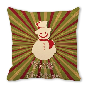 Close-up of Merry Christmas pillowcase with snowman pattern on red and green stripes