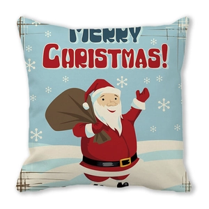 Detail of vintage Santa Claus illustration on a square blue Christmas decorative pillow