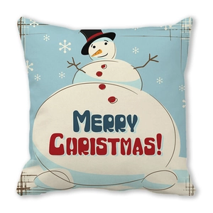Detail of square Merry Christmas pillowcase featuring a cute snowman and festive text