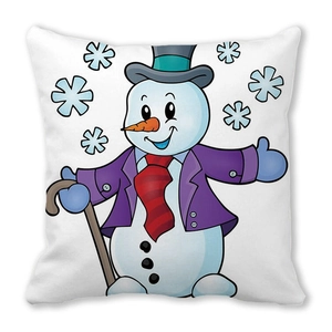 Close-up of a square decorative pillowcase with a cartoon snowman and snowflakes print