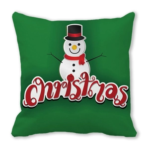 Close-up of a green Christmas pillowcase featuring a happy snowman and festive text