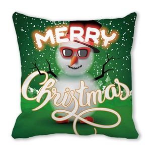 Merry Christmas square pillow case featuring a snowman with top hat and sunglasses