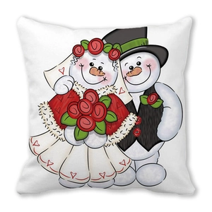 Detail of Christmas snowman wedding couple illustration on white cushion cover