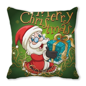 Detail of Christmas pillowcase with Santa Claus and Merry Christmas text on green fabric