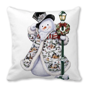 Detail of Christmas snowman illustration on a white peach skin decorative throw pillow