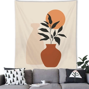 Nordic Morandi abstract botanical wall tapestry above a grey sofa for home decor