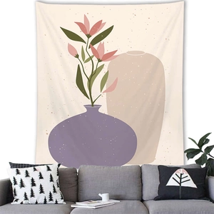 Minimalist Morandi style tapestry featuring vases and flowers above a grey sofa
