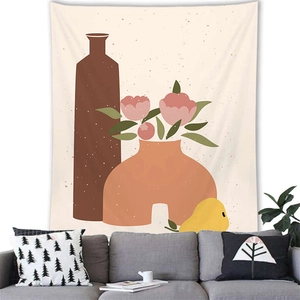Detailed texture of Morandi minimalist floral tapestry hanging as home wall decor