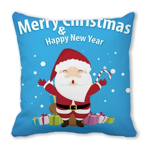 Blue Christmas throw pillow with cartoon Santa Claus and Merry Christmas festive greeting