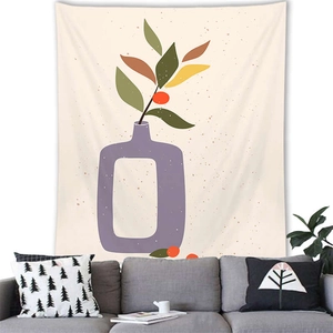 Nordic Morandi style floral tapestry with abstract vase and leaves above a sofa
