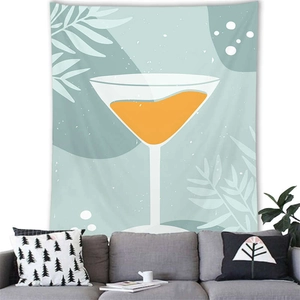 Detail of Nordic Morandi tapestry showing abstract cocktail and leaf art above a grey sofa