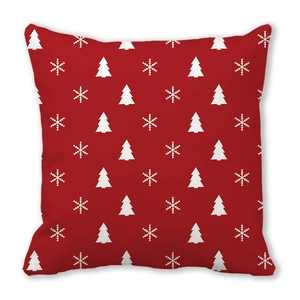 Detail of red Christmas pillowcase with white elk and snowflake patterns on peach skin fabric
